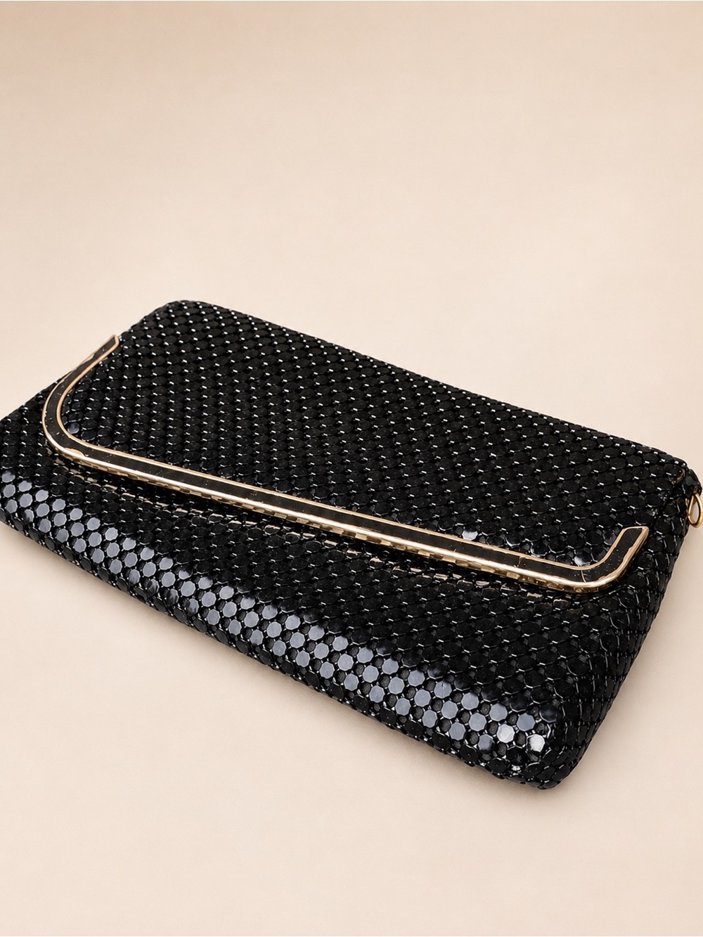 VTG Black Metal Sequin Mesh Clutch w Metallic Flap Trim & Removable Mesh Strap - Picture 14 of 16